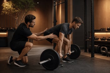 Entrenador personal corrigiendo la tecnica de un cliente con barra en un gimnasio boutique