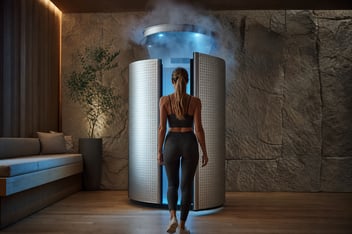 Cabina de crioterapia de cuerpo entero con vapor frio en un centro de recuperacion