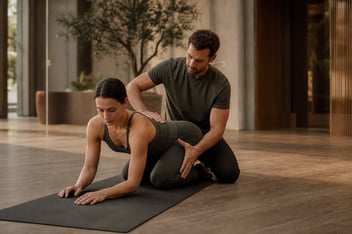 Entrenador guiando un ejercicio de movilidad articular en el suelo de un gimnasio boutique
